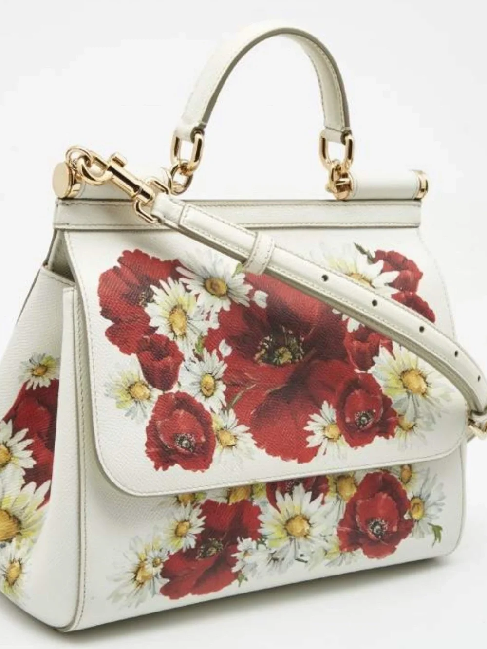 Dolce & Gabbana White Top-Handle Satchel with Red Poppy and Yellow Daisy Print